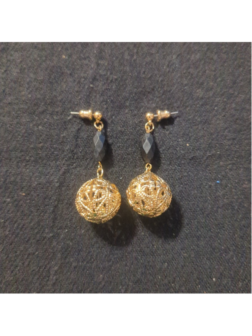 Gold Tone Black Beaded Filigree Ball Drop Statement Earrings